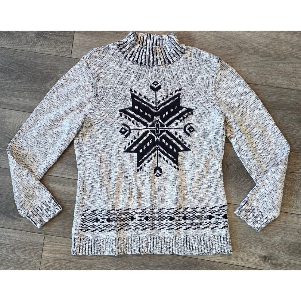 Christopher & Banks Women Large Sweater Grey Black Snowflake Cotton Mock Neck